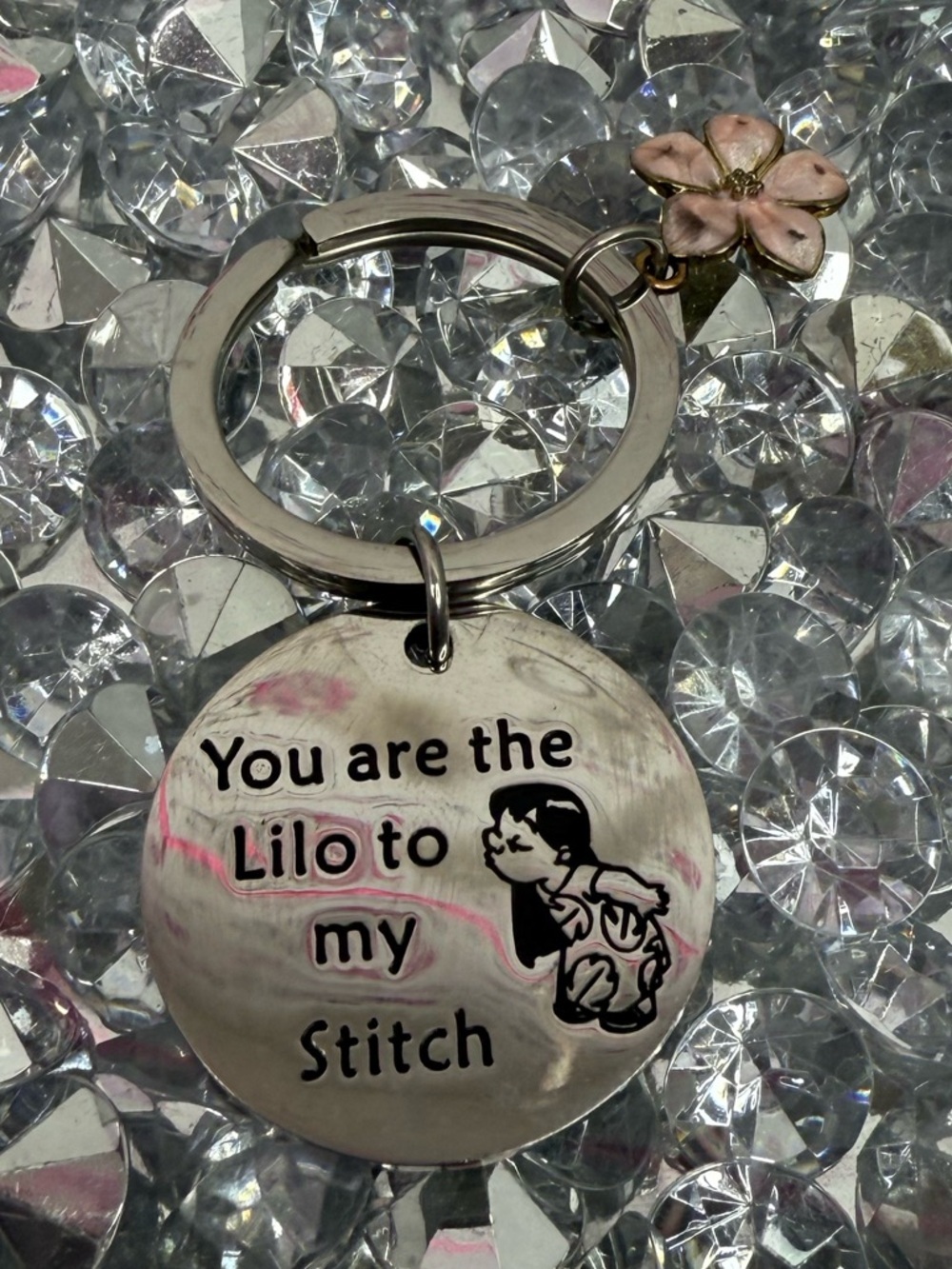 Disney keychain Silver Lilo & Stitch Round Keychain with Pink Flower Charm